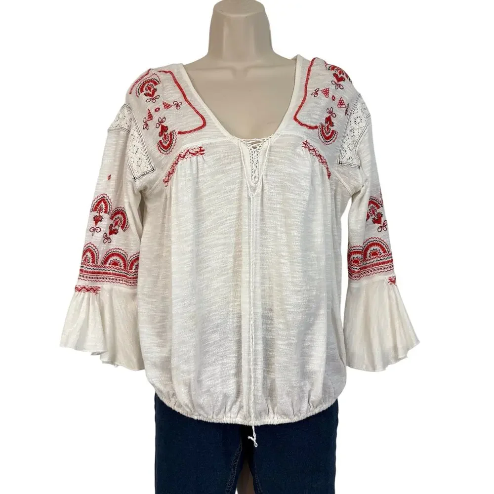 Free People Chiquita Ivory Peasant Top Orange Embroidery Flutter Bell Sleeves